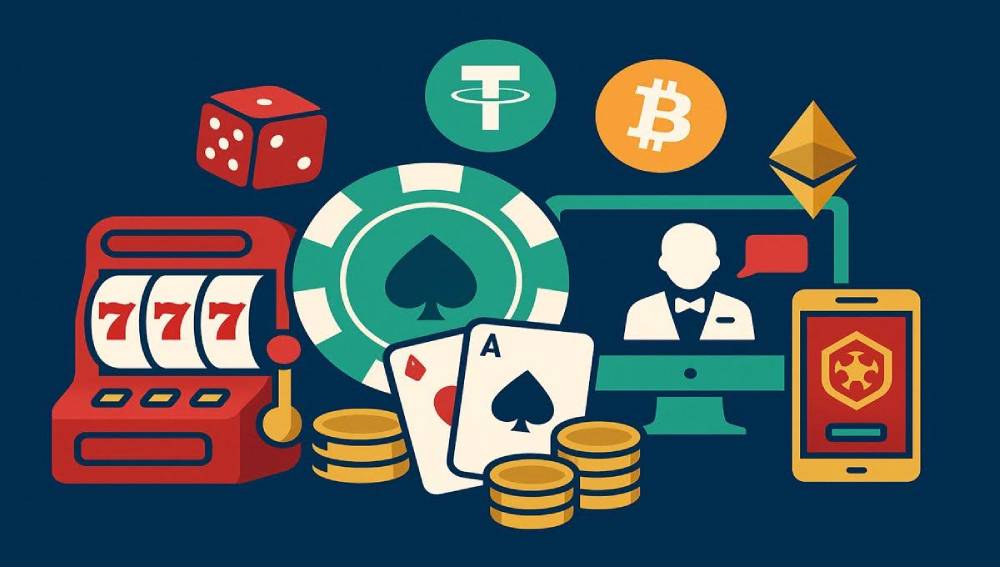 USDT casinos 2025 with icons for games, betting, and crypto bonuses.