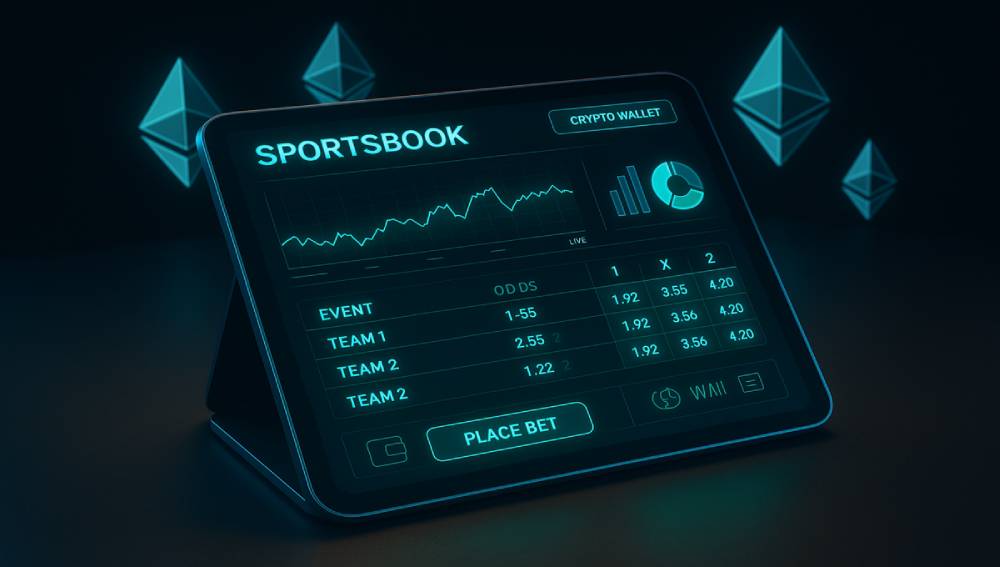 Digital sportsbook interface on a tablet showing Ethereum-based sports betting options, with crypto wallet integration and floating Ethereum logos in the background.